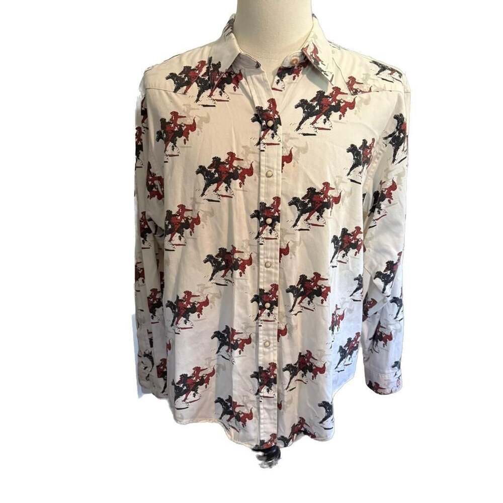 Vintage Barn Fly Western Horse Racing Print Button-Down Shirt, Men's XL